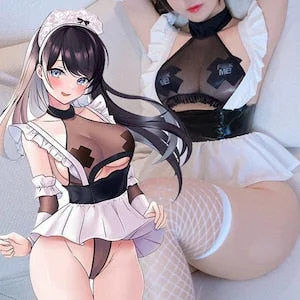 pornhint Pornhint Dark Maid Sexy Lingerie Set Translucent Cutout Halter Bodysuit and Sleeves and Headband Nipple Covers, Anime Sexy Maid Cosplay Outfit