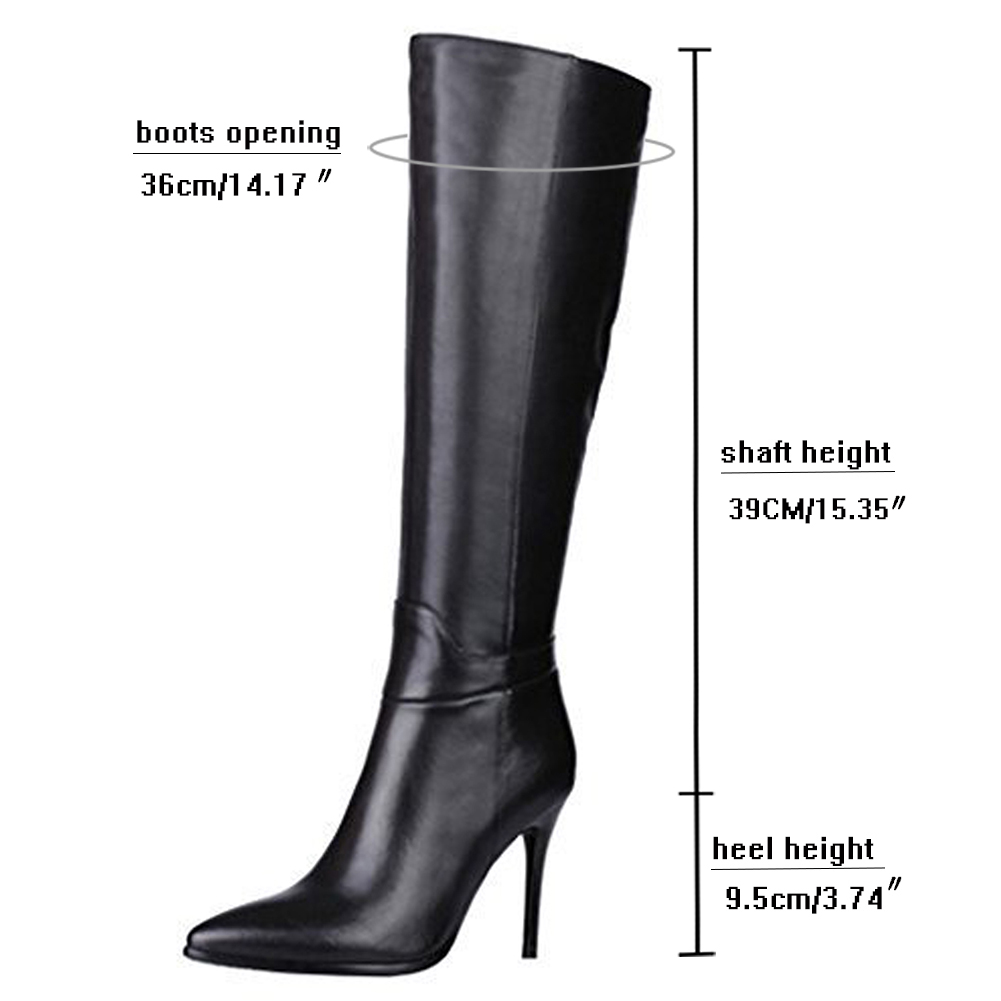 9.5cm Zipper Leather Mid Heels Knee Boots Black-MERUMOTE