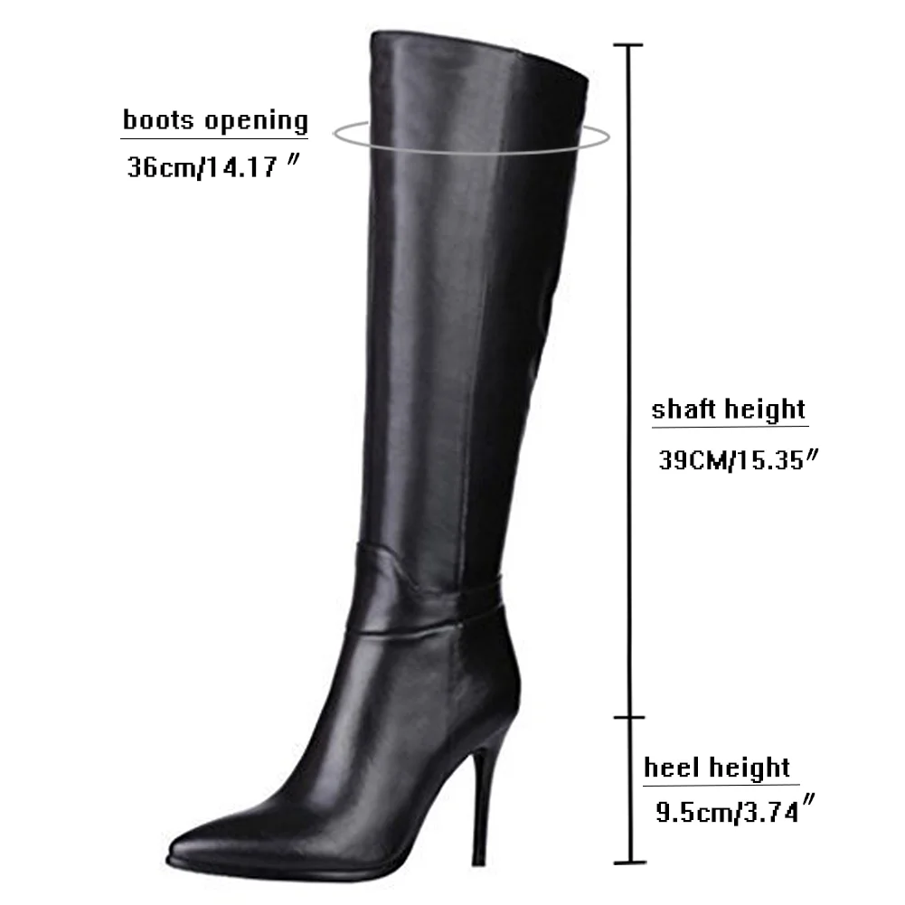 9.5cm Zipper Leather Mid Heels Knee Boots Black-MERUMOTE
