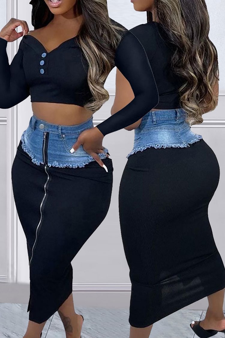 Xpluswear Plus Size Black Casual Denim High Waist Stitching Zipper Pencil Midi Bodycon Skirt