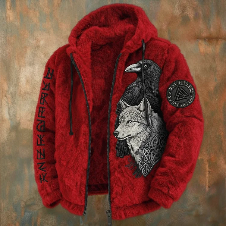 Men's Viking Tribal Jacquard Celtic With Crows & Wolves Inspired Plush Warm Zipped Hooded Jacket