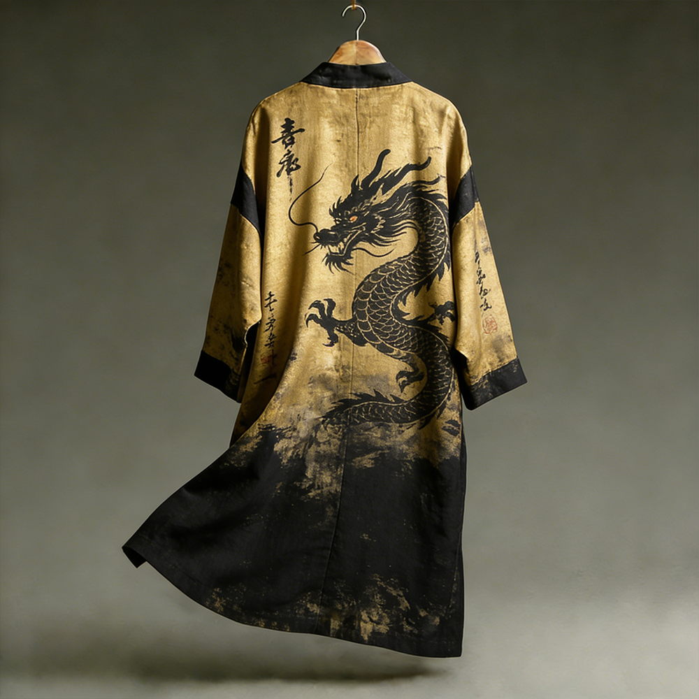 Japanese Style Golden Dragon Totem Printed Contrasting Kimono  artssus
