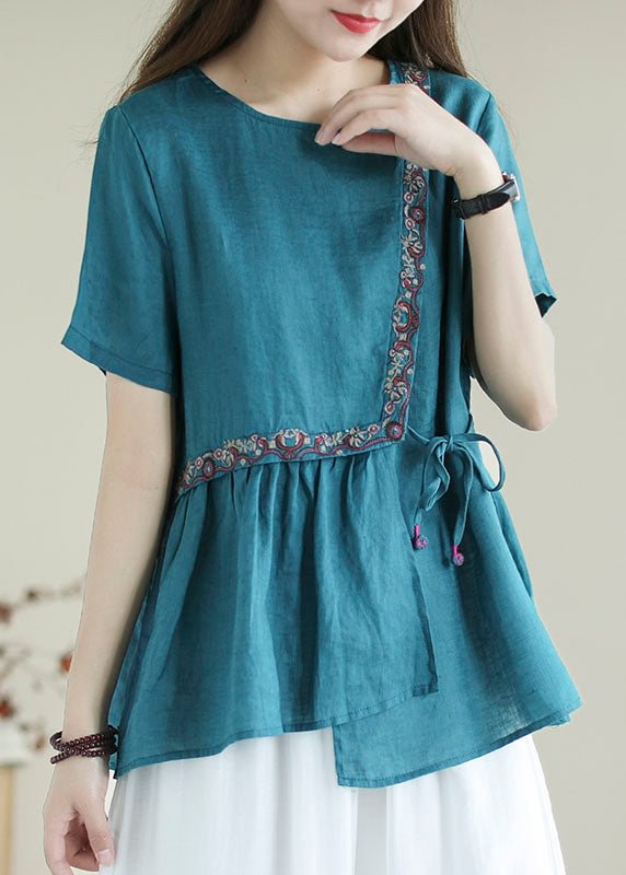 Bohemian Blue Embroideried  Shirt Top Short Sleeve CK371- Fabulory