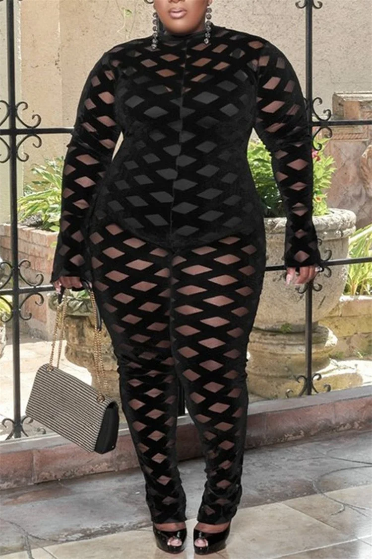 Xpluswear Plus Size Black See-Through Velvet Mesh Hollow Out Long Sleeve Jumpsuit