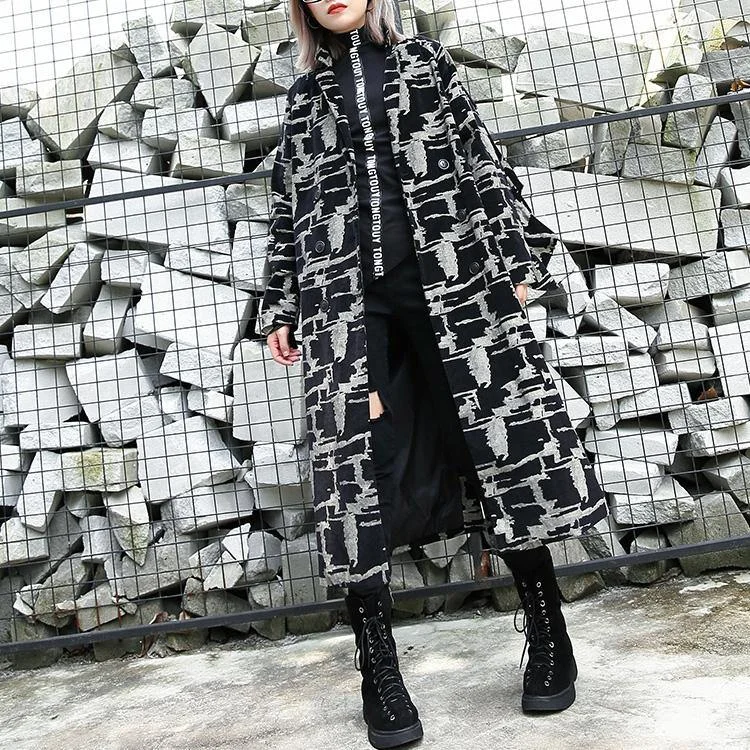 2019 black print Coat plus size lapel patchwork Coat Fine asymmetrical design coat