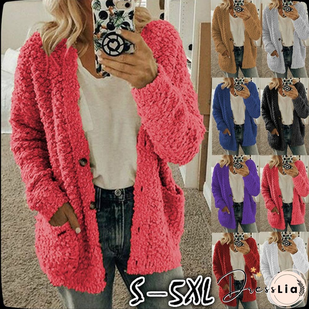 Women Winter Fashion Loose Long Sleeve Solid Color Plush Cardigan Sweater Coat Tops Button Casual Outwear XS-5XL