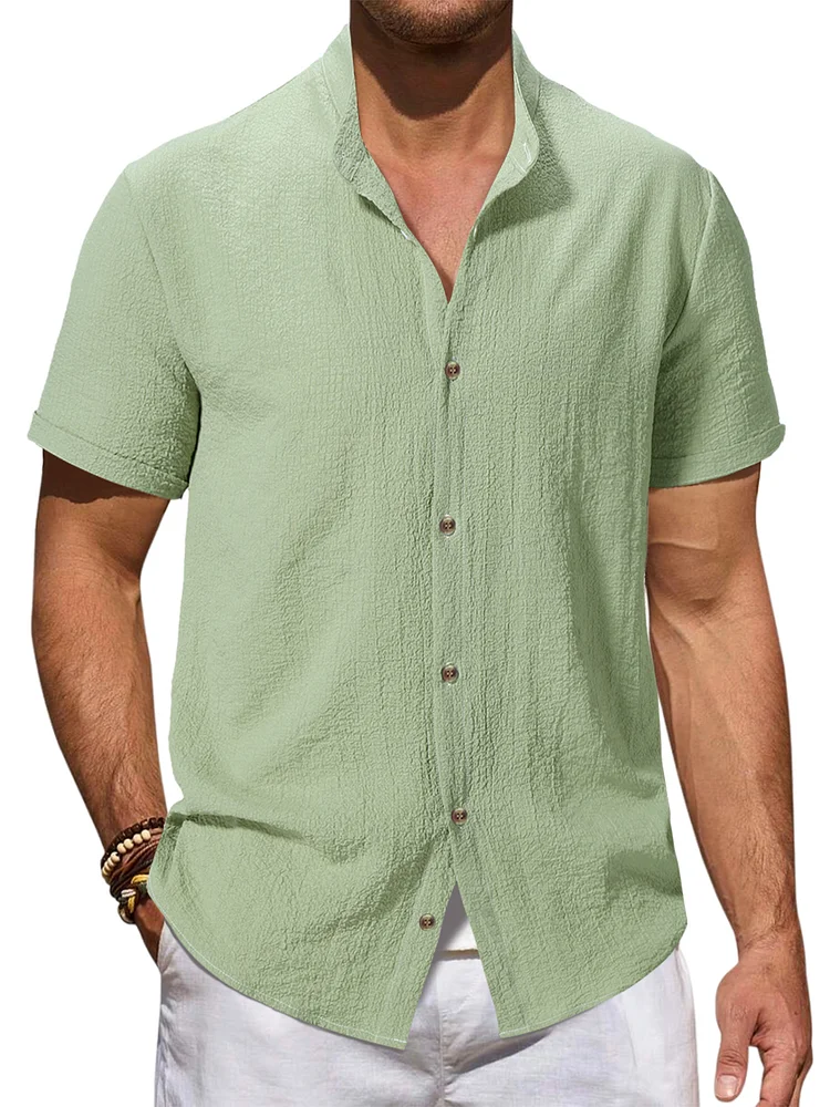 Men's summer stand collar cotton and linen solid color pleated texture comfortable short-sleeved shirt