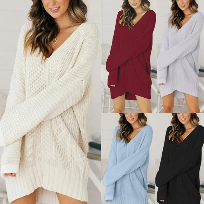 Loose V-Neck Mid-Length Dress Sweater DMladies