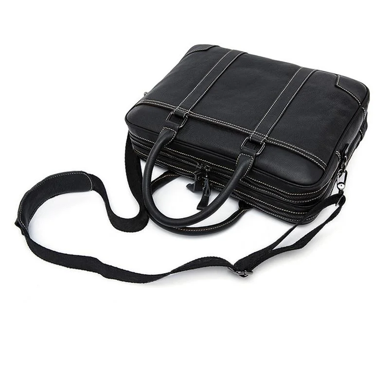 Fine Stitching Dual Top Handle Detachable Sling Strap Zip Top Genuine Leather Briefcase