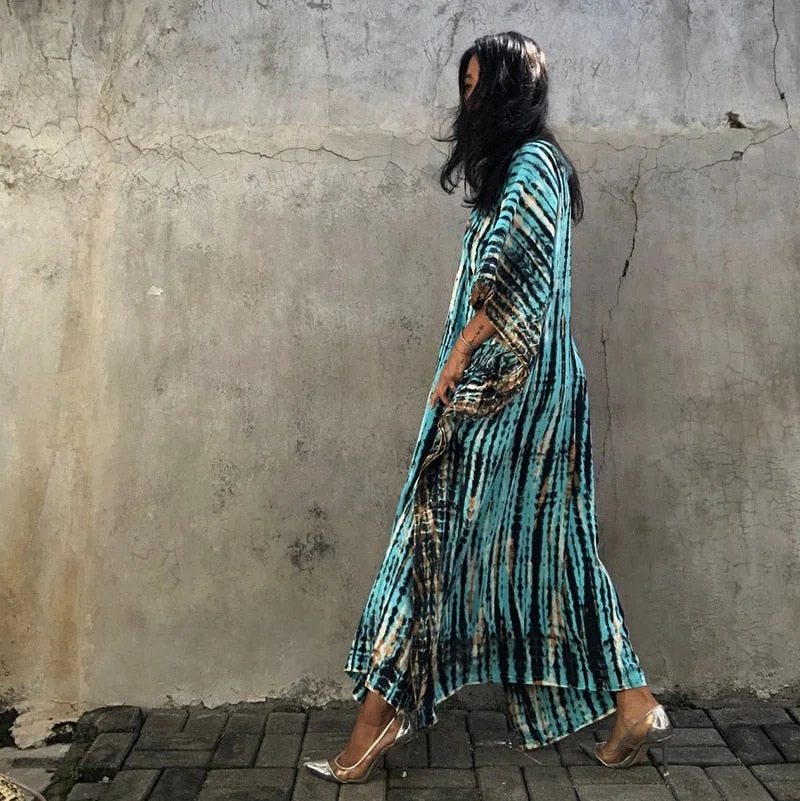 Fitshinling Halo Dyeing Vintage Beach Long Dress Women V Neck Oversize Robe Side Split Loose Kaftan Holiday Boho Maxi Dresses