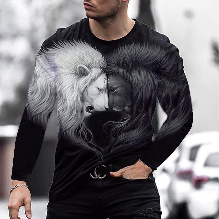 Black and white lion long-sleeved round neck T-shirt / [viawink] /