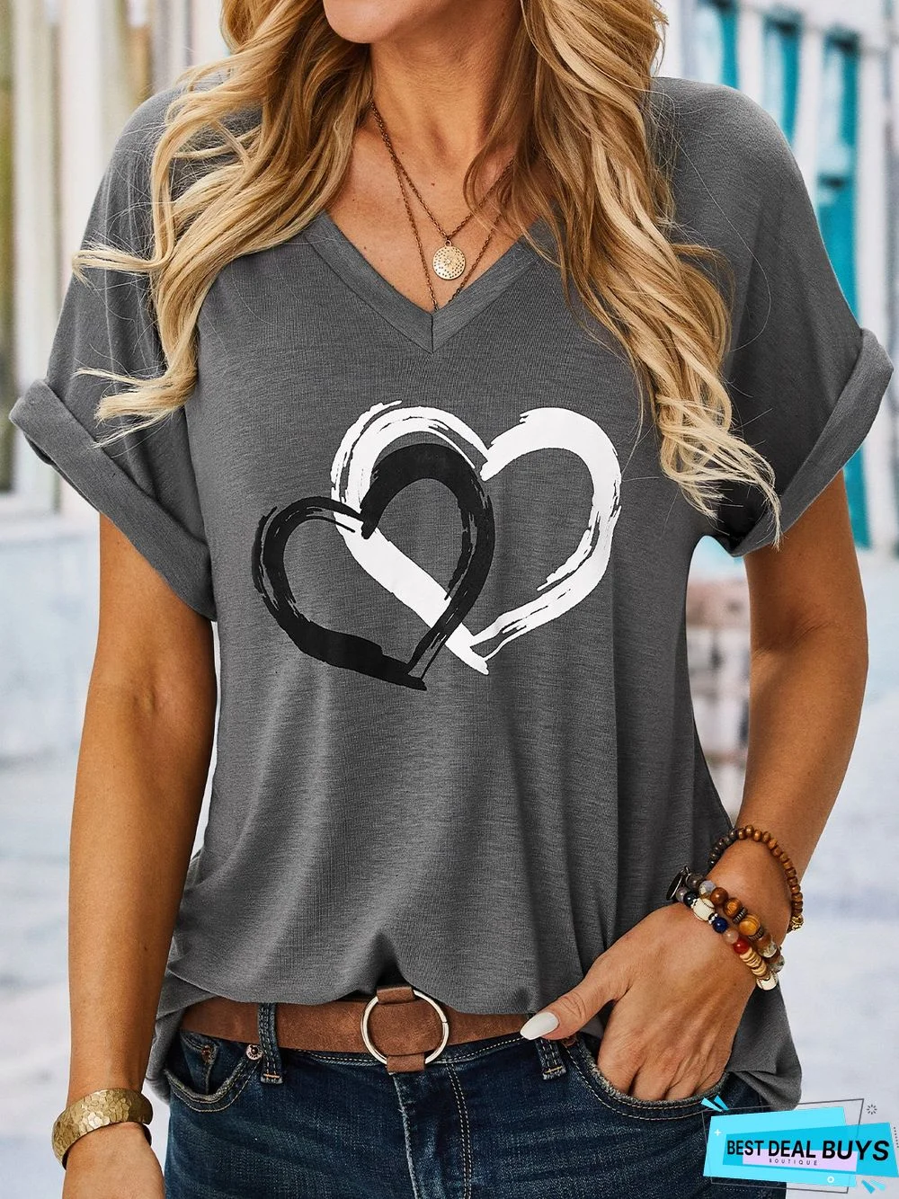 V neck Casual Heart/Cordate Short sleeve T-Shirt