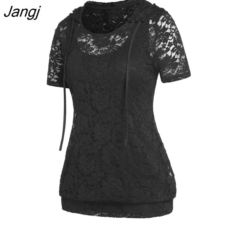 Jangj Hooded Sheer Lace T-Shirts Two Piece Set Women's Clothing High Stretch 2 In 1 Tanks Tops Short Sleeve Tees Blouses Suits