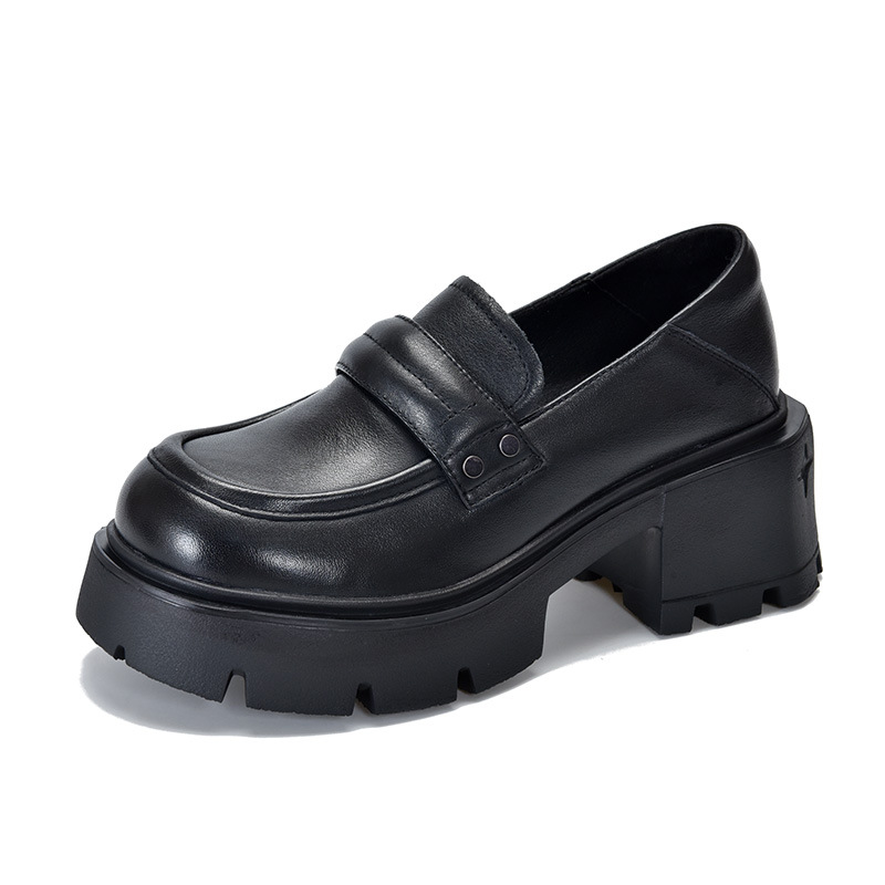 British Style Leather Solid Color Thick Heeled Shoes