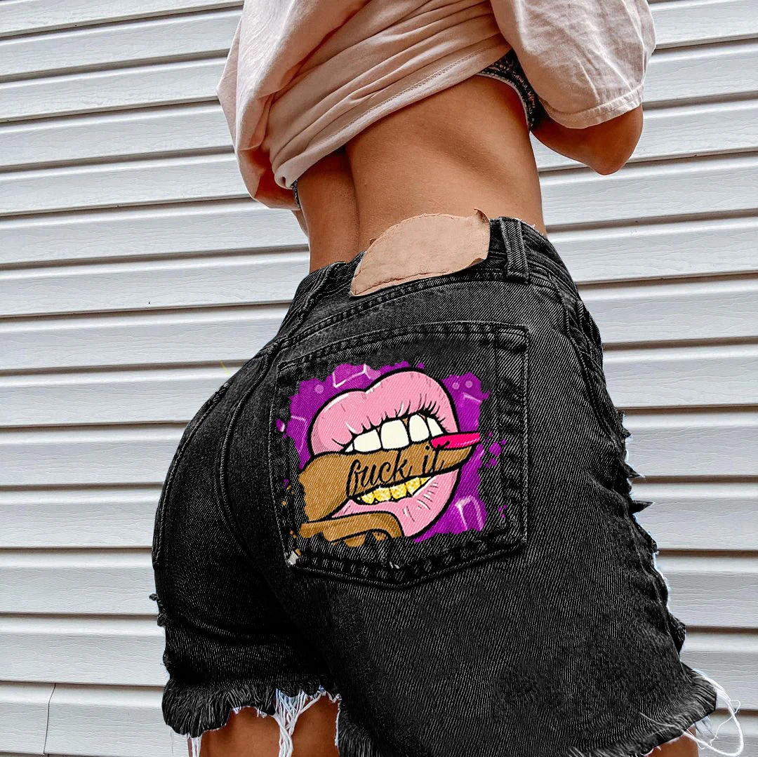 Women's Lip Printed Ripped Denim Shorts Spicy Girl's Street Style