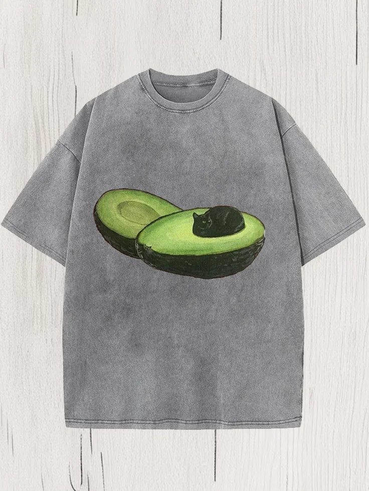 Men's Avocado Cat Print Cotton Washed T-Shirt