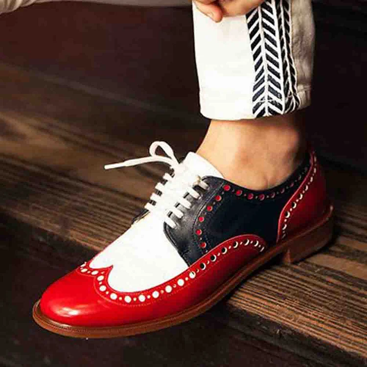 Women's Elegant Red & White Flats Lace Up Wingtip Shoes |FSJ Shoes