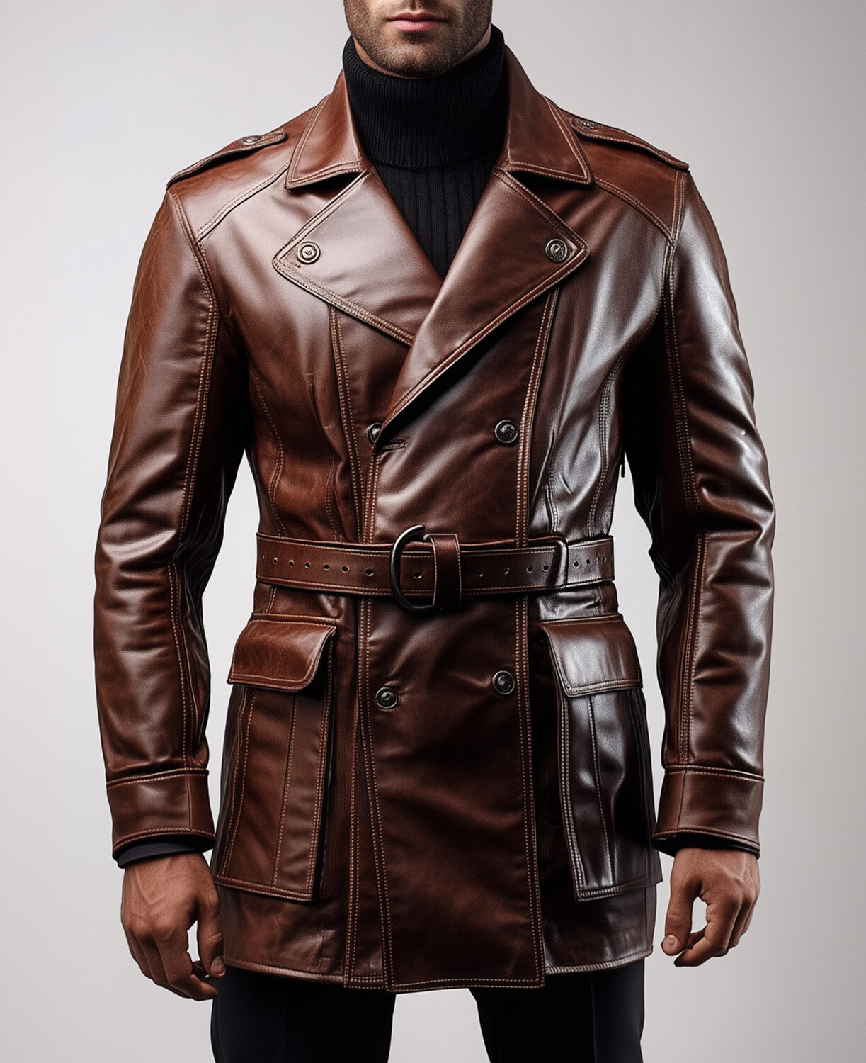 Okaywear PU Leather Double Breasted Flap Pocket Belt Trench Coat