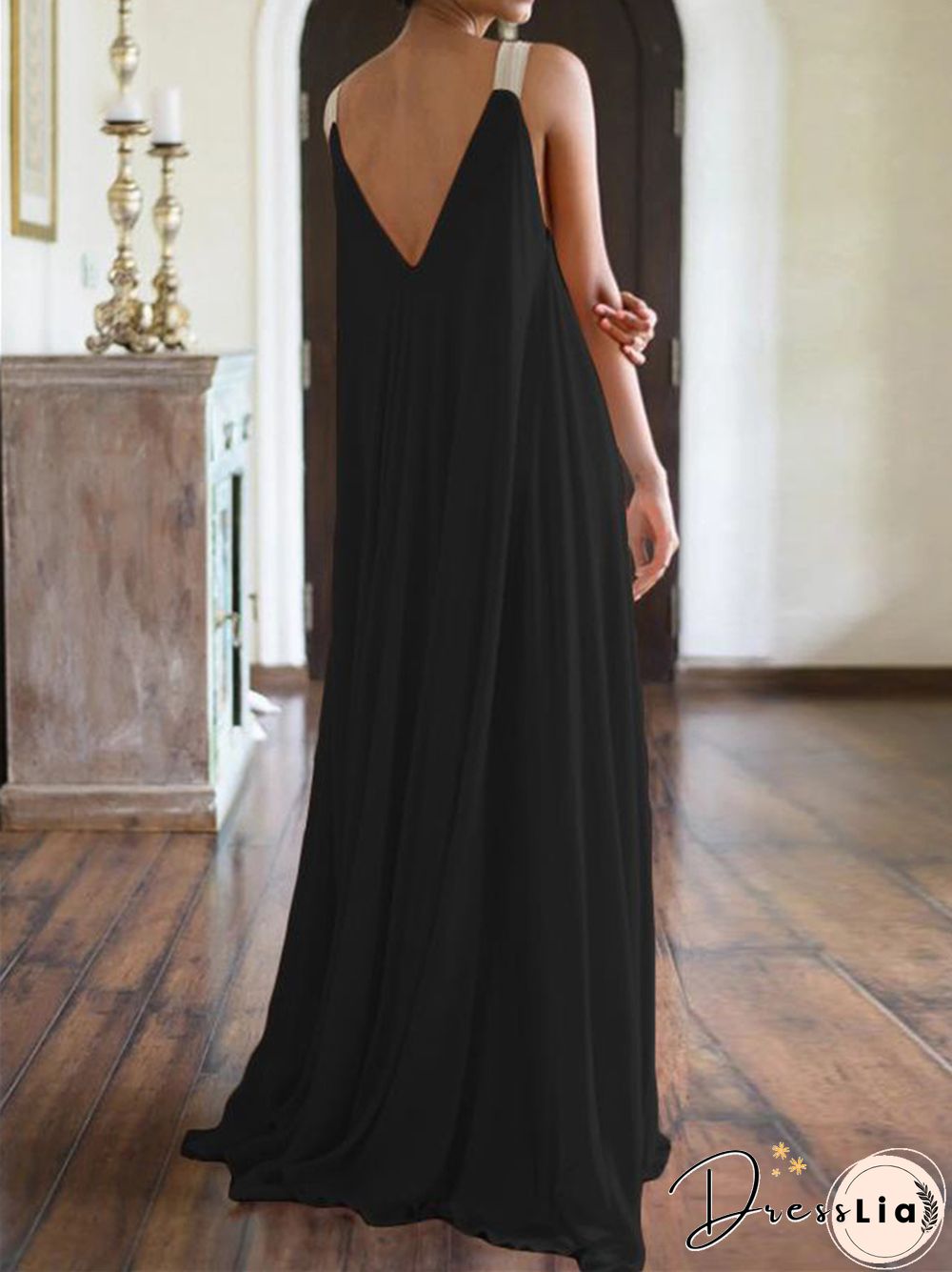 Bohemian Long Solid Color V-neck Large Size Halter Dress