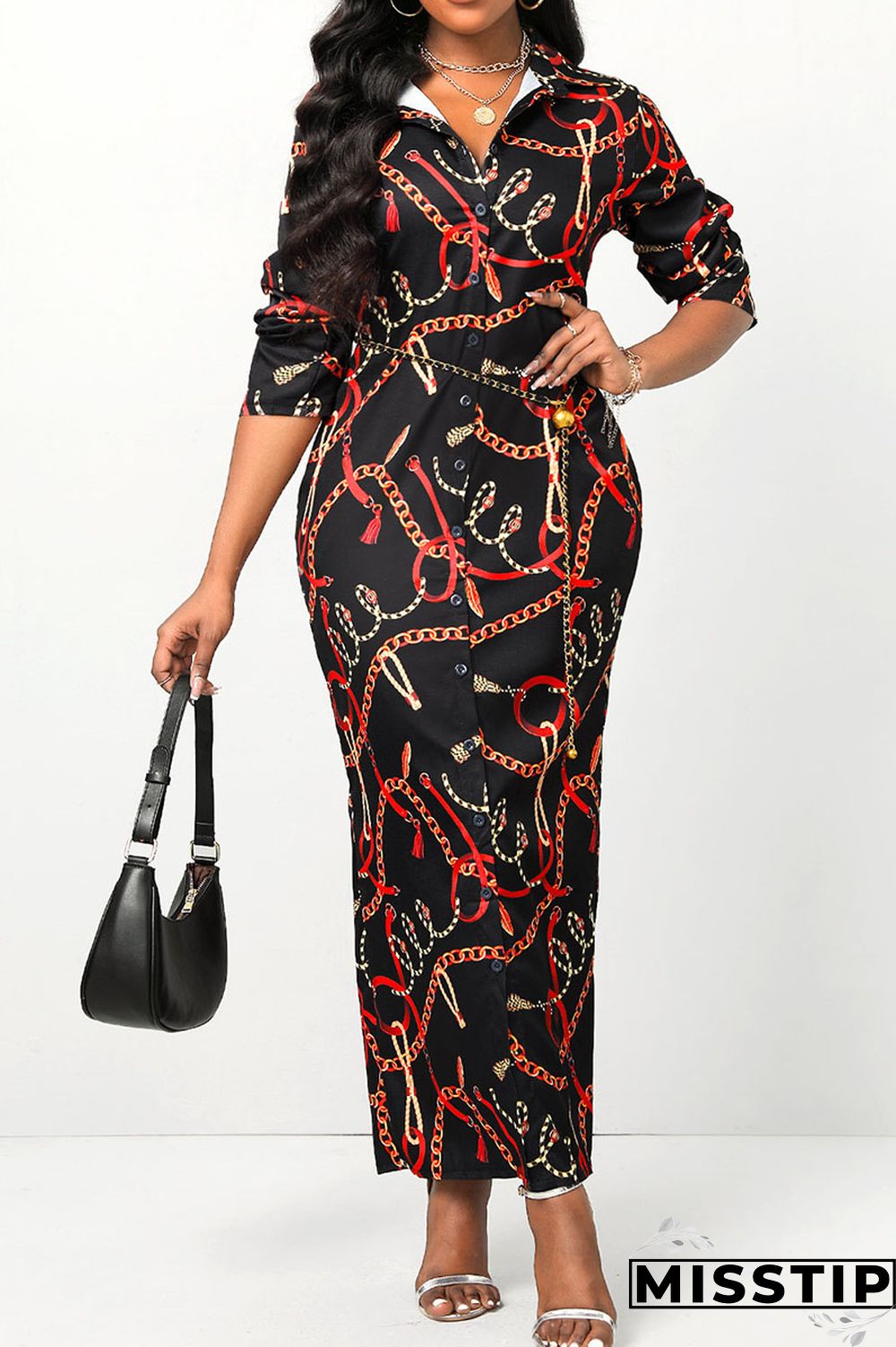Black Casual Print Patchwork Buckle Without Belt Turndown Collar Straight Dresses