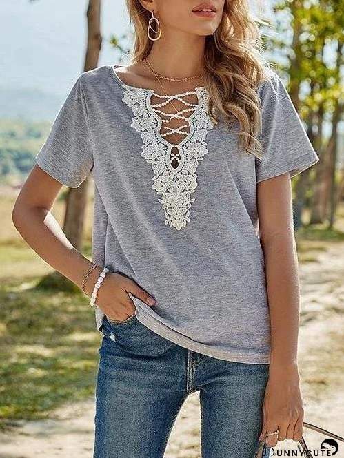 Loose Lace Cross V Neck Pullover T-Shirt for Women