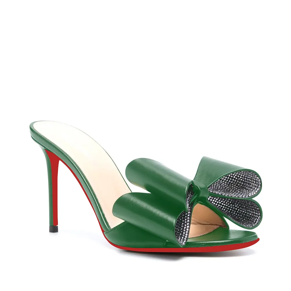 100mm/3.94 Inch Women's High Heel Mules Rhinestone Bowknot Backless Stiletto Heel Slippers Sexy Summer Heeled Red Bottom Sandals-vocosishoes
