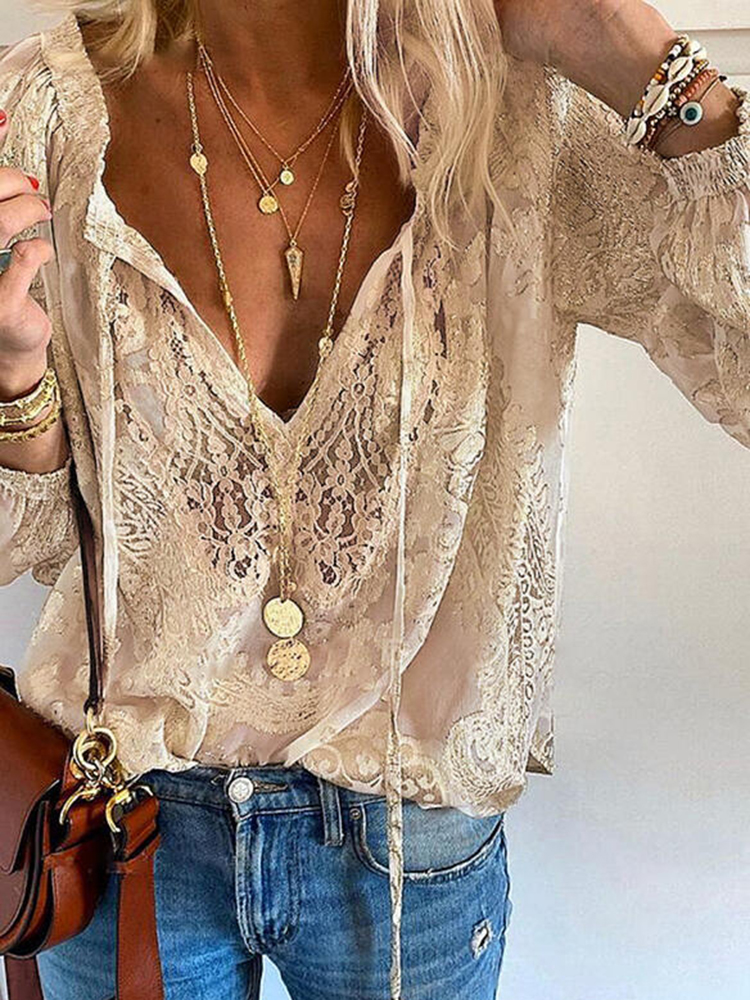 Comstylish Boho Lace Hollow Out V Neck Long Sleeve Top