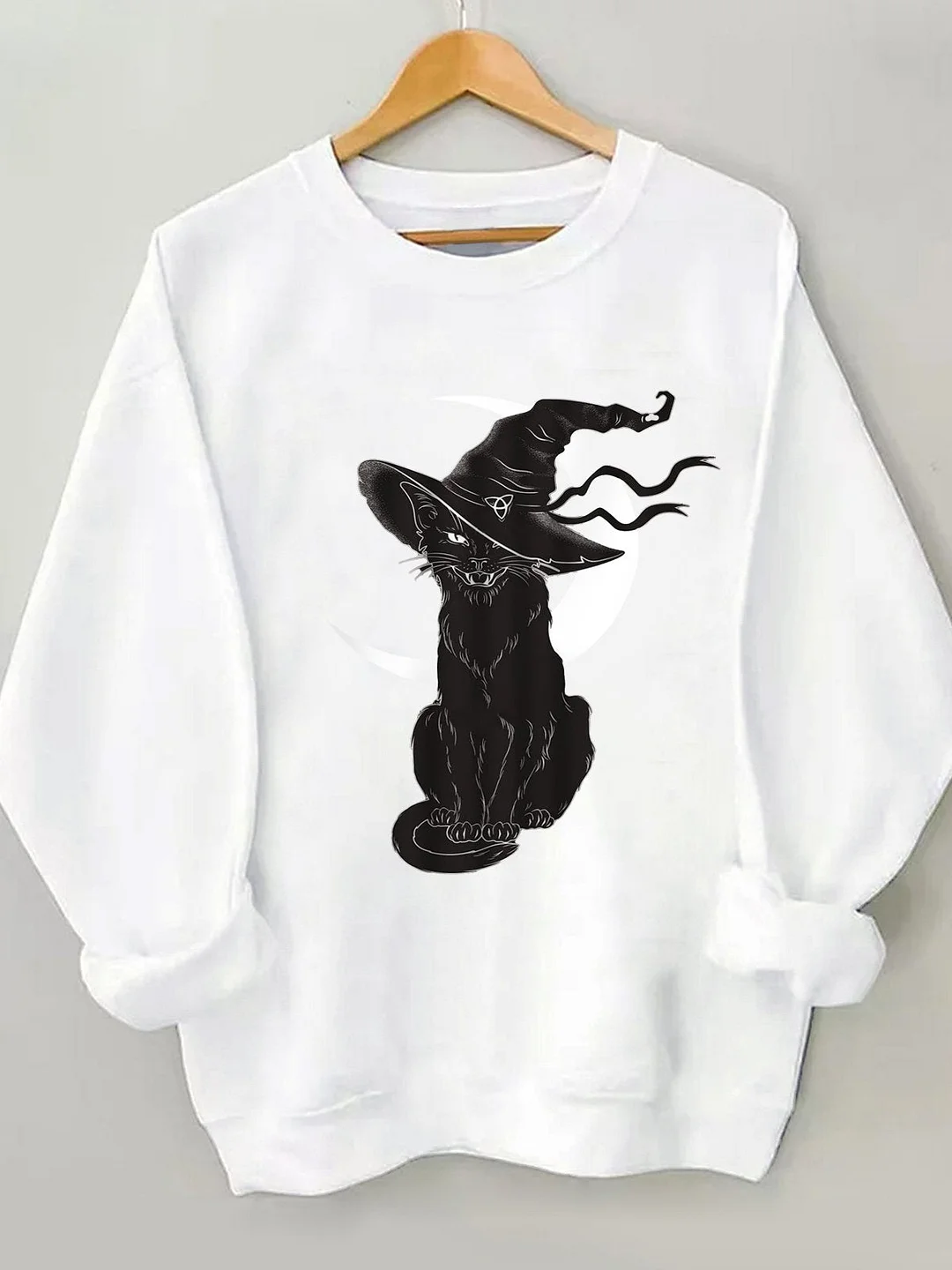 Women's Moon Cat Witch  Fit Crew Neck Halloween Long Sleeve Sweatshirt