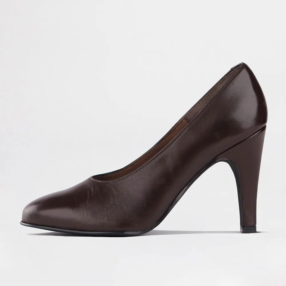 Brown Vegan Leather Round Toe Chunky Heel Slip-On Pumps for Women