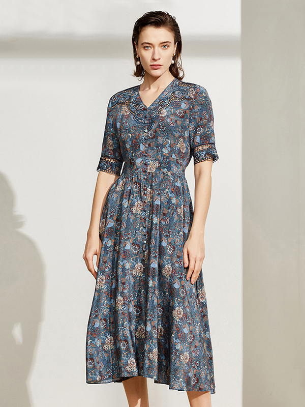 Vintage Blooms V Neck Silk Dress