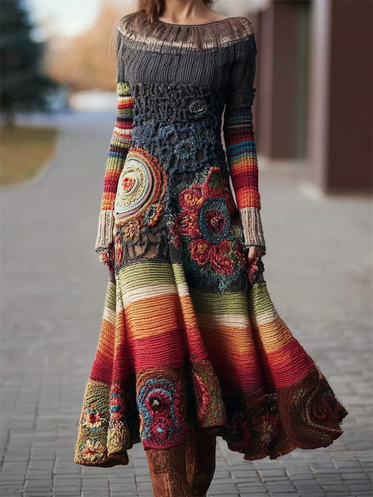 Boho Floral Crochet Geometric Colorblock Maxi Sweater Dress