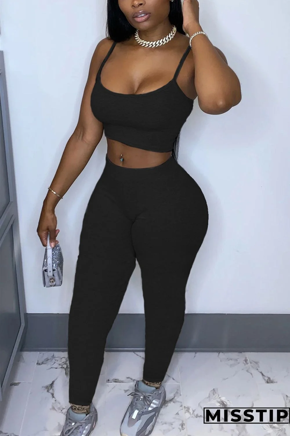 Black Casual Solid pencil Sleeveless Two Pieces