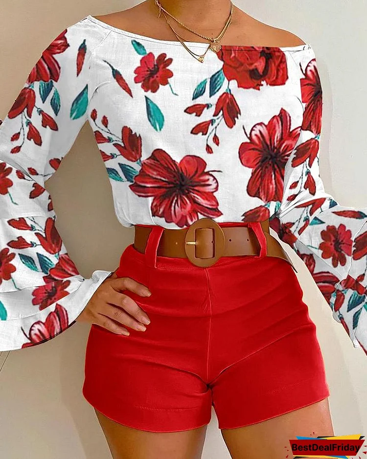Bell Sleeve Floral Print Top & Shorts Set P2418979645