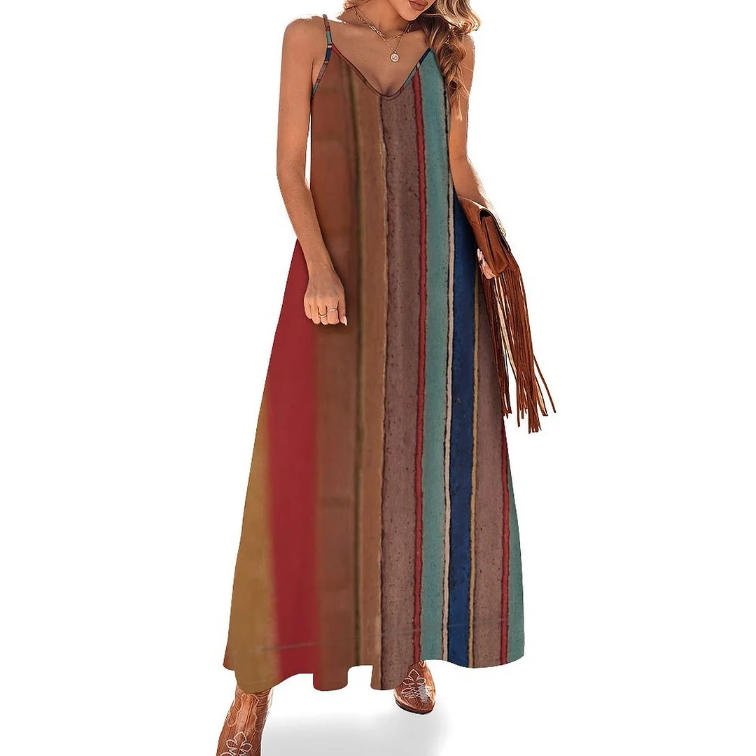 Style & Comfort for Mature Women Plus Size Printed Sling Casual Women Maxi Dress in Pattern Striped, Blue, Red, Brown