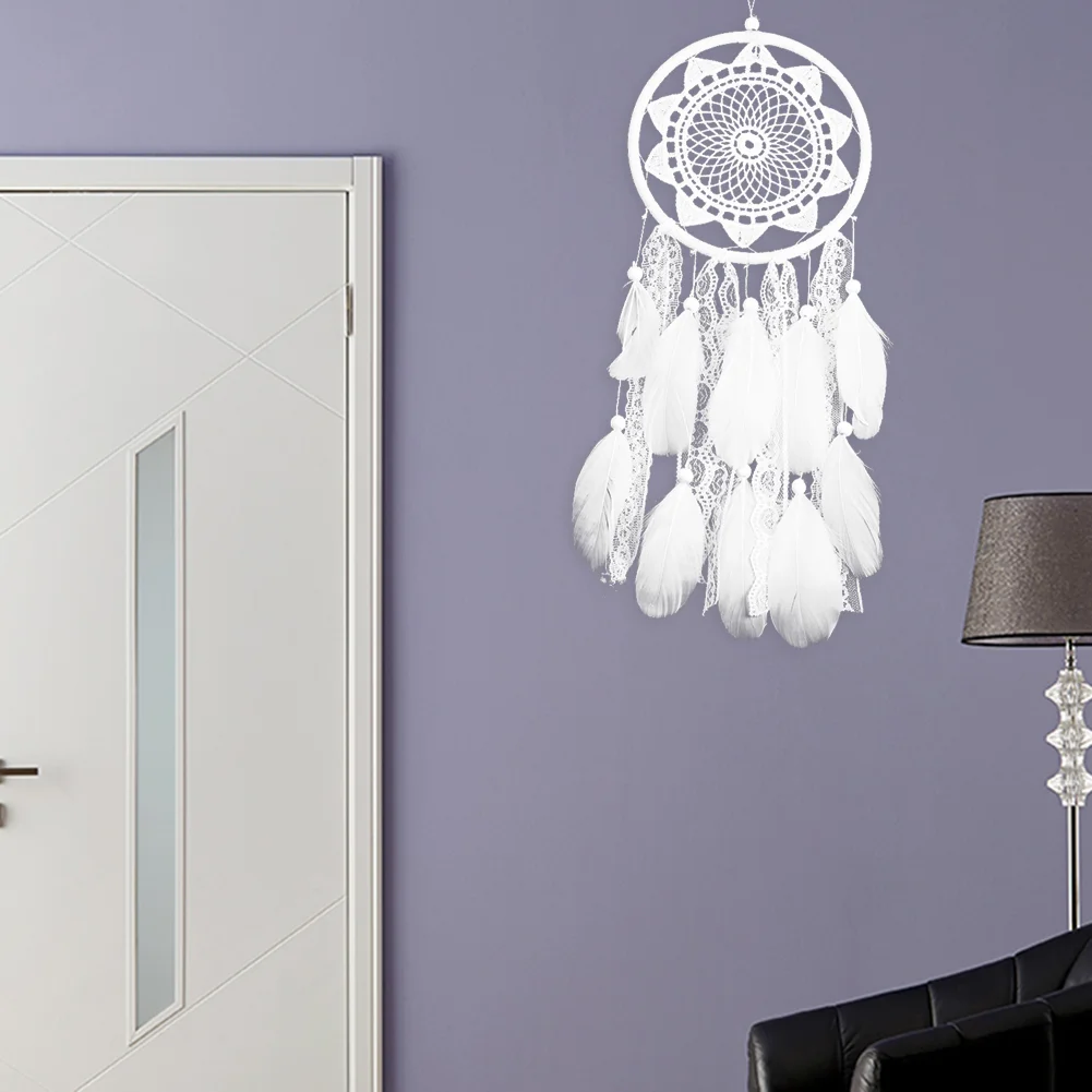 White Dream Catcher Wooden Beads Lace Pendant Feather Wind Chime (MS6060)