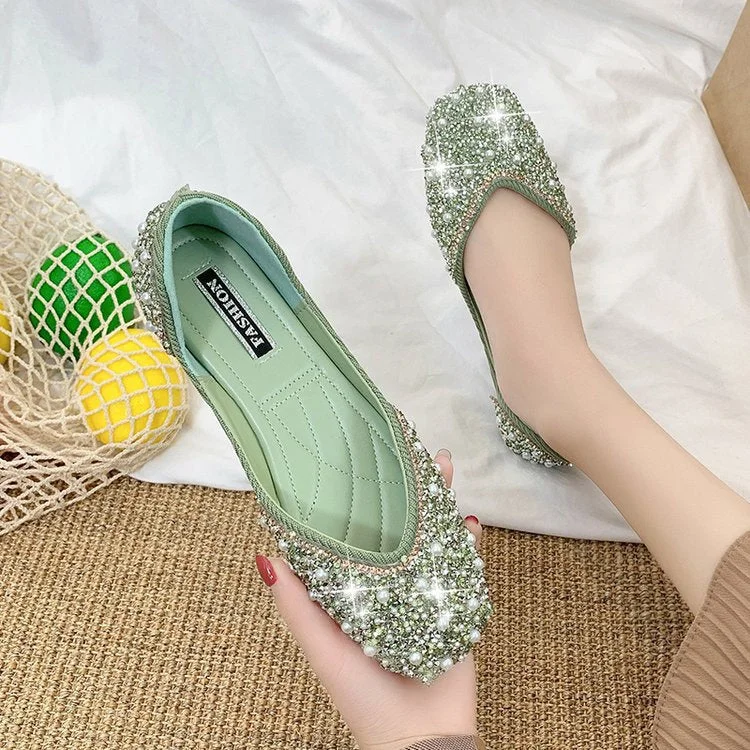 Glitter crystal pearl studs ballet shoes women square toe slip on loafers cozy shallow cut-out ballerina flats moccasins female