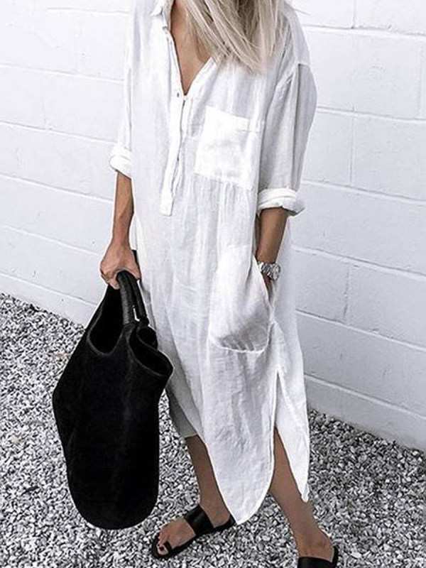  thdmladies V-neck solid color slit shirt dress thedmladies