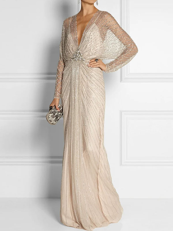 Beaded Deep V Temperament Elegant Women's Dress