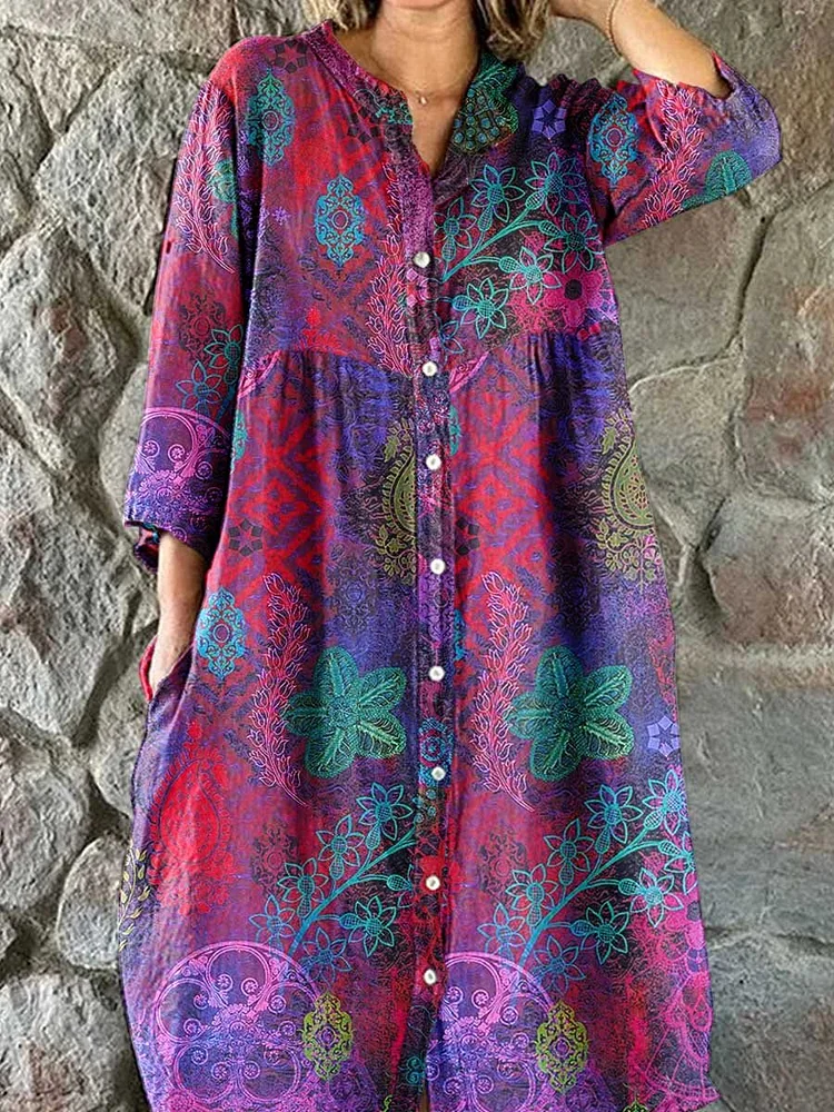 Women's Art Abstract Floral Pattern Shirt Style Cotton and Linen Dress