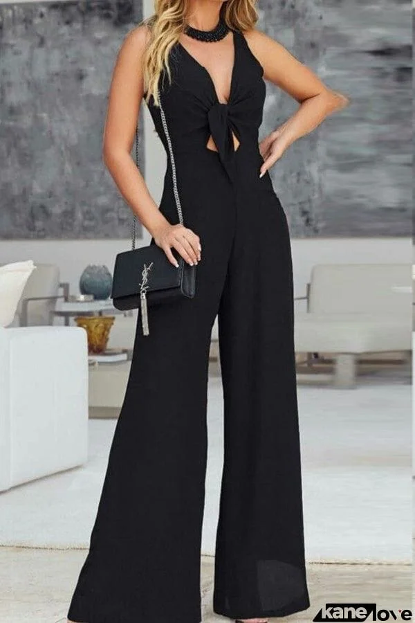 Chiffon V-Neck Jumpsuit Mid-Rise Temperament Commuter Trousers