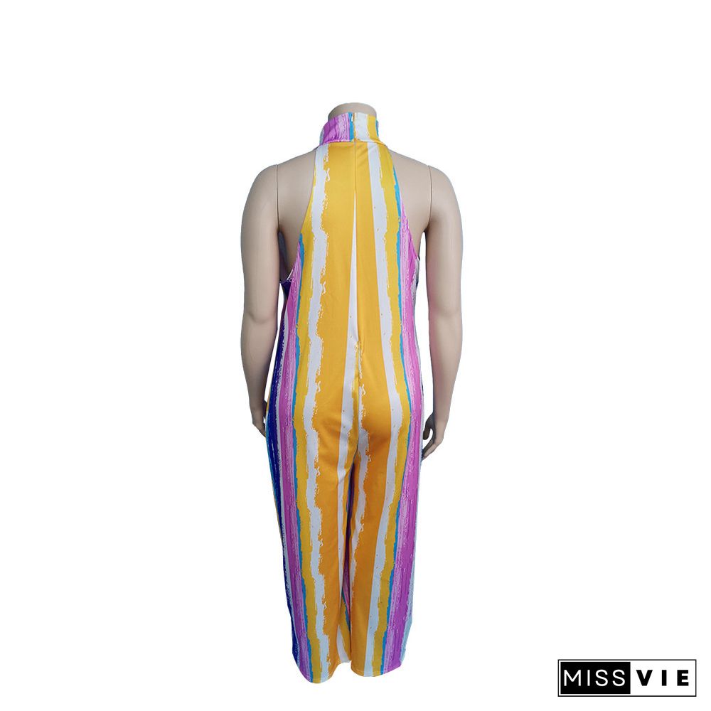 Tie Dye Striped Printed Sleeveless Loose Jumpsuits