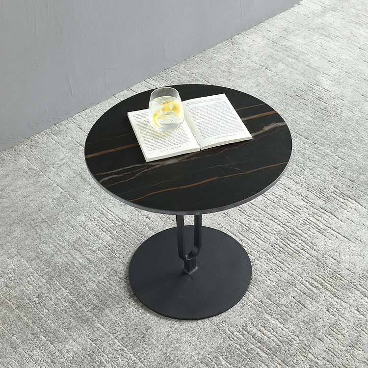 Homemys Modern Dark Gray Stone End Table Round Side Table Carbon Steel Base