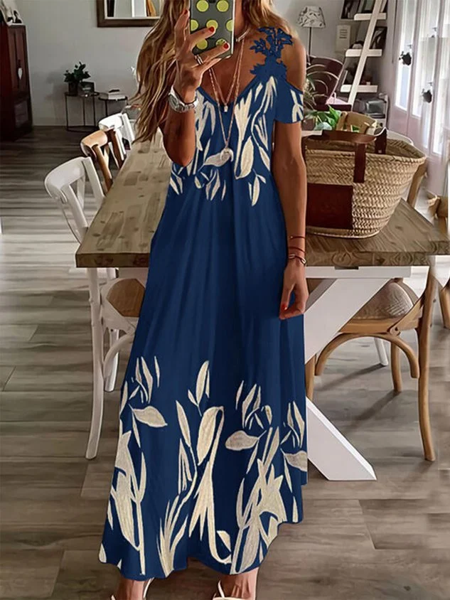 Boho Floral V Neck Blue Cotton Blend Sleeveless Knit beach dresses
