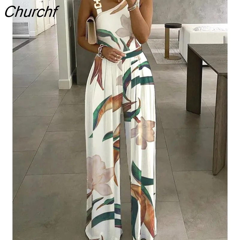 Churchf Long Women's Overalls Plants Print Asymmetrical Neck Wide Leg Jumpsuit High Waist Woman Jumpsuit Sleeveless Rompers New