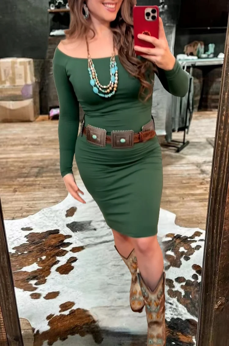 Long Sleeve Off Shoulder Slit Midi Dresses