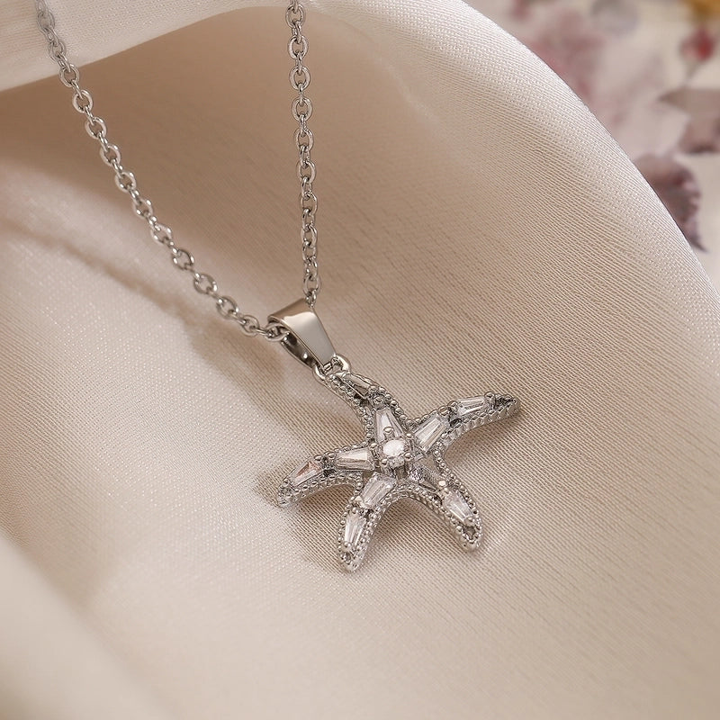 Copper 18K Gold Plated Beach Minimalist Commute Plating Inlay Starfish Zircon Pendant Necklace