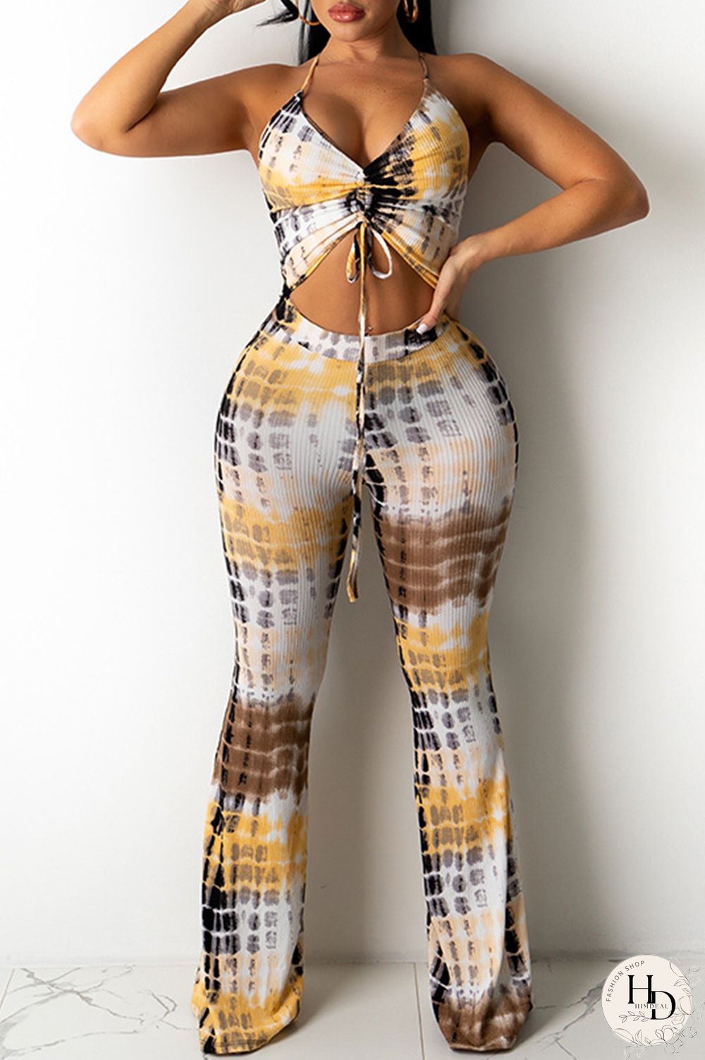 Yellow Fashion Casual Print Backless V Neck Sleeveless Two Pieces