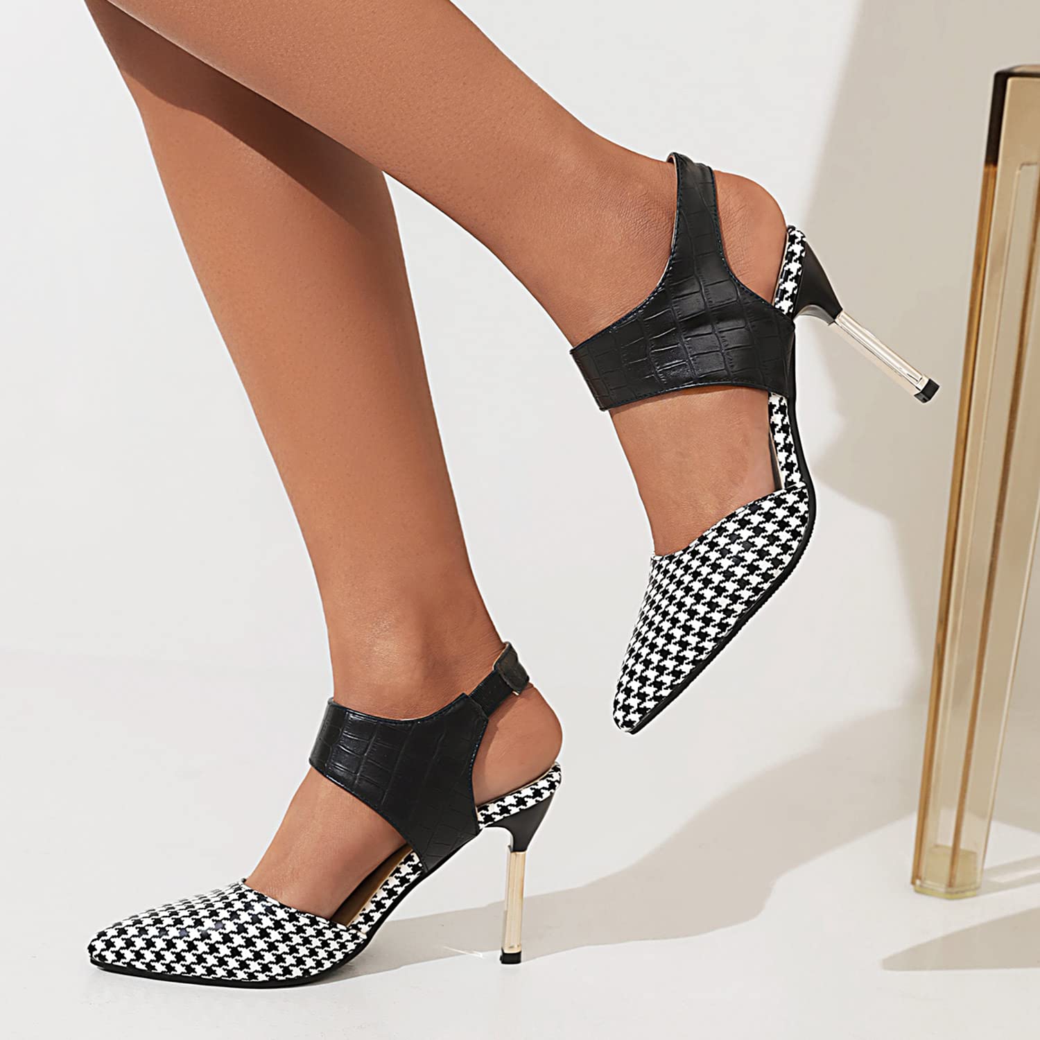 Black & White Houndstooth Office Pumps Heels with Elastic Ankle Strap