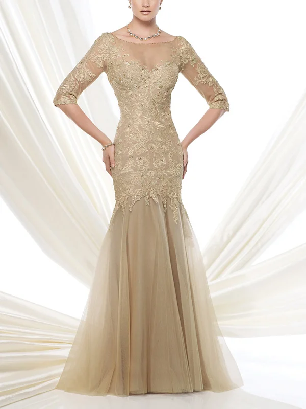 Round Neck Lace And Mesh Solid Color Maxi Dress