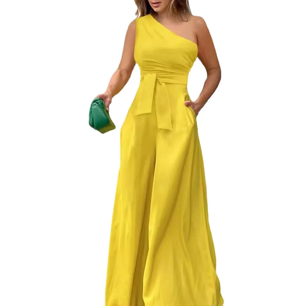 Uveng Uveng Women's 2023 Summer Diagonal Collar Irregular Off-Shoulder High-Waist Bag Wide Leg Pants Casual Jumpsuit